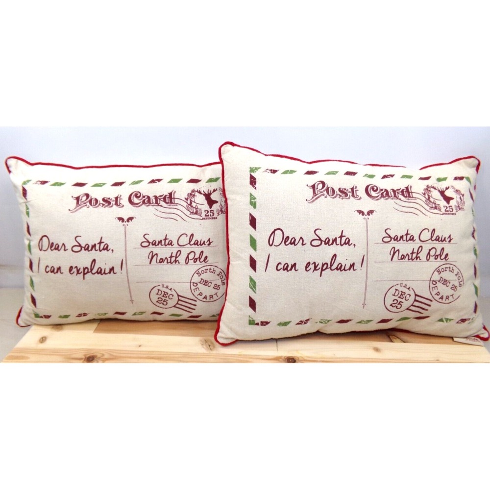 Stratford Home Christmas Post Card‎ Throw Pillows 19x14 Red Beige Set of 2